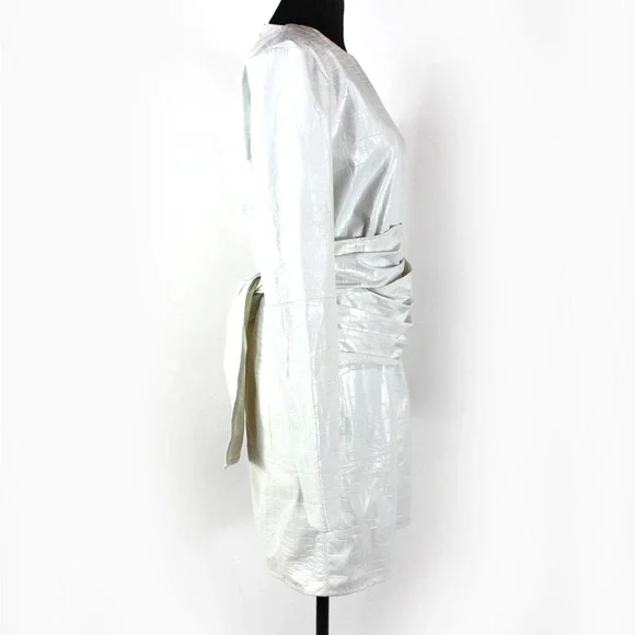 MSGM Abito Faux Leather Dress NEW Croc Embossed Tie Sash Belted White Mini Sz M - Picture 3 of 9
